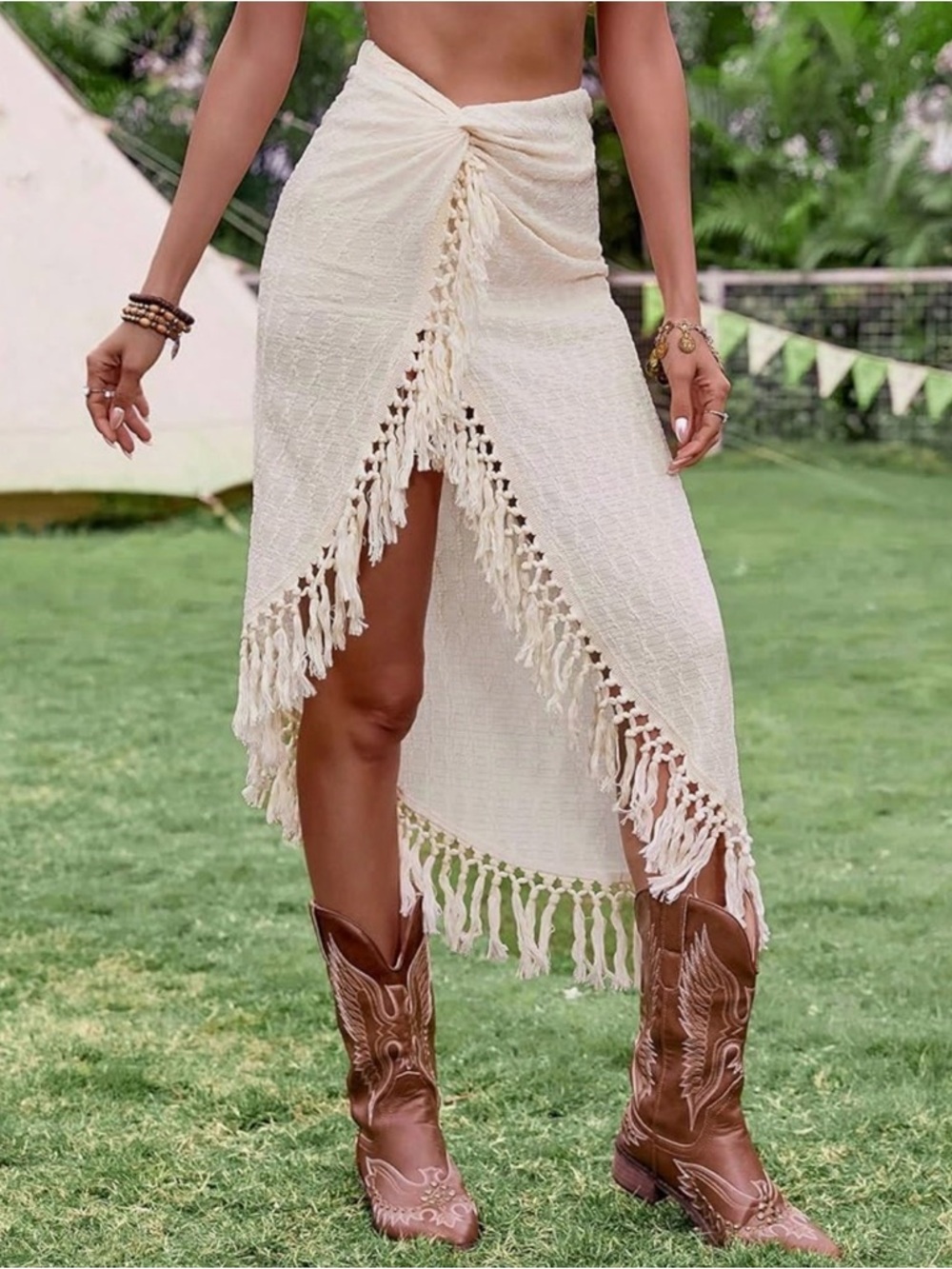 Boho Fringe Wrap Midi Skirt - Cream